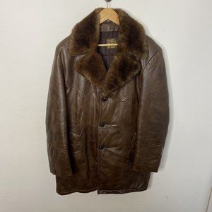 Vintage Rice Sportwear Men L Brown Insulated Leather Coat Faux Fur Collar 70s